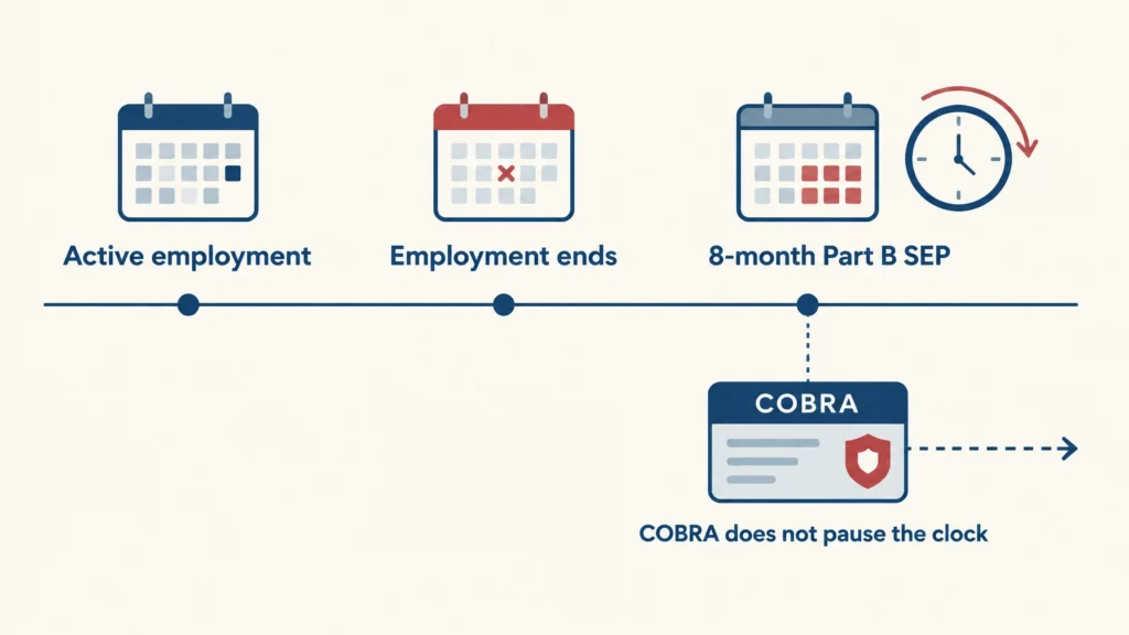 Illustrated timeline showing that COBRA coverage does not pause the Part B Special Enrollment Period clock