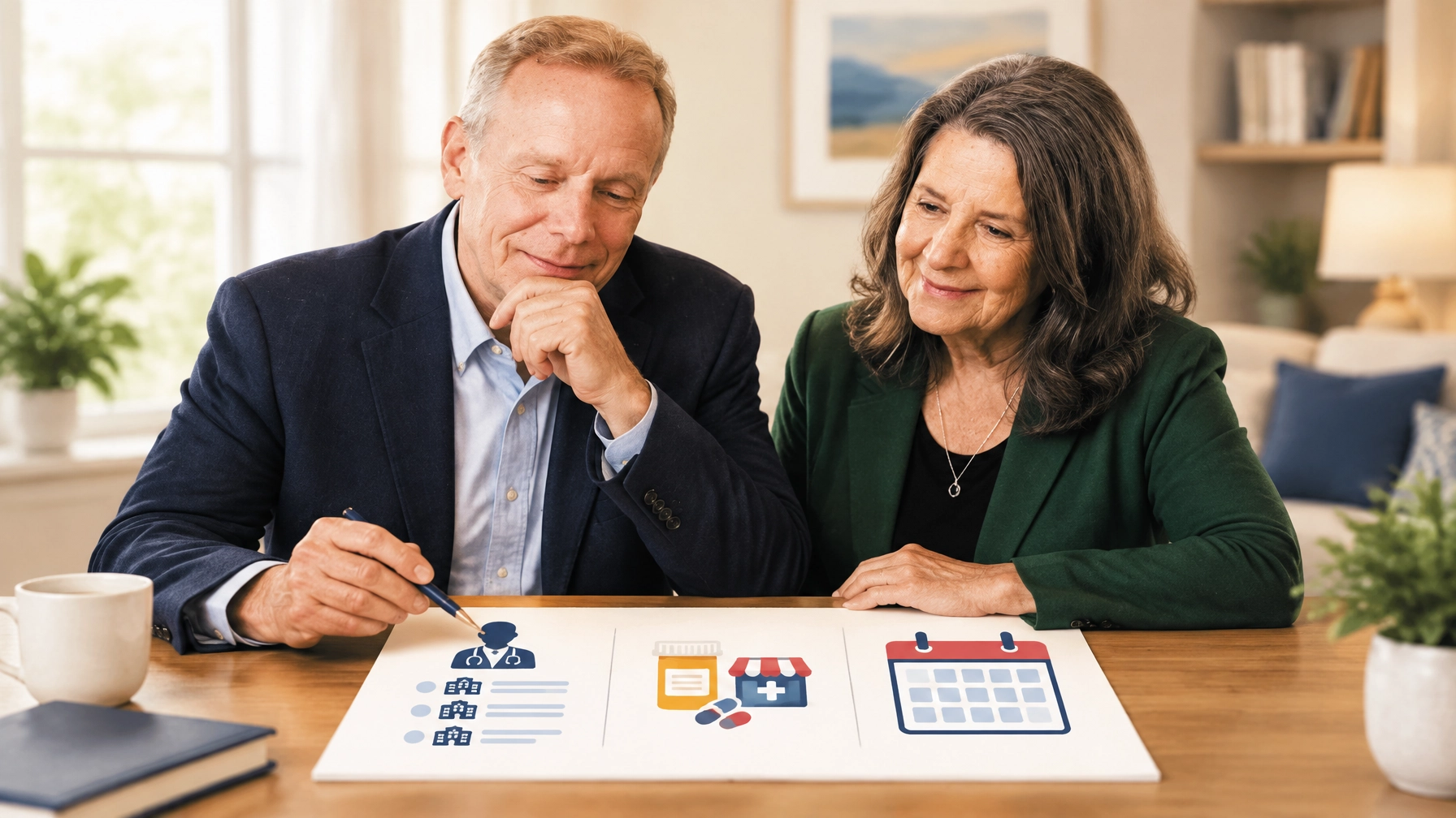 A person thoughtfully reviewing doctor, prescription, and pharmacy information