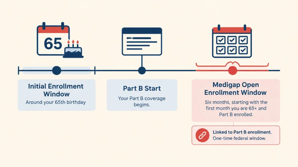 Calendar illustration showing the one-time Medigap enrollment window beginning with Part B enrollment