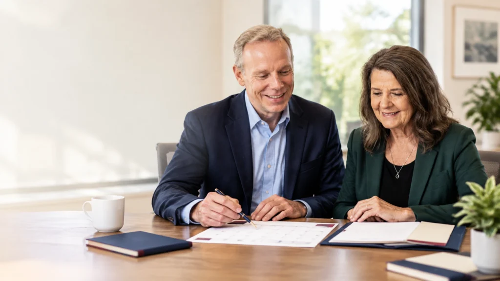 Professionals reviewing a calendar and retirement paperwork together during a calm planning conversation