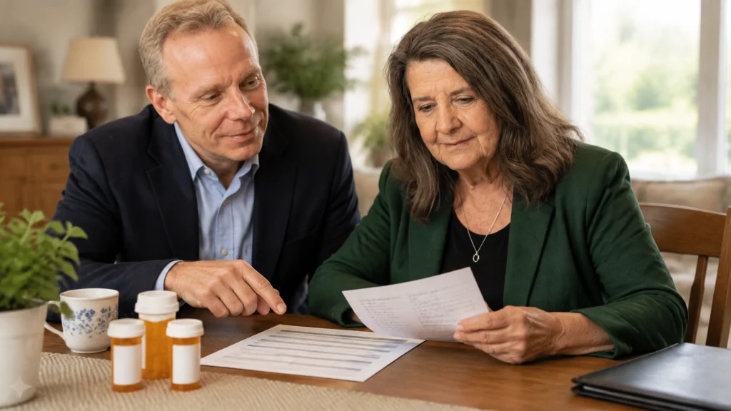 A woman reviewing medication information with a family member
