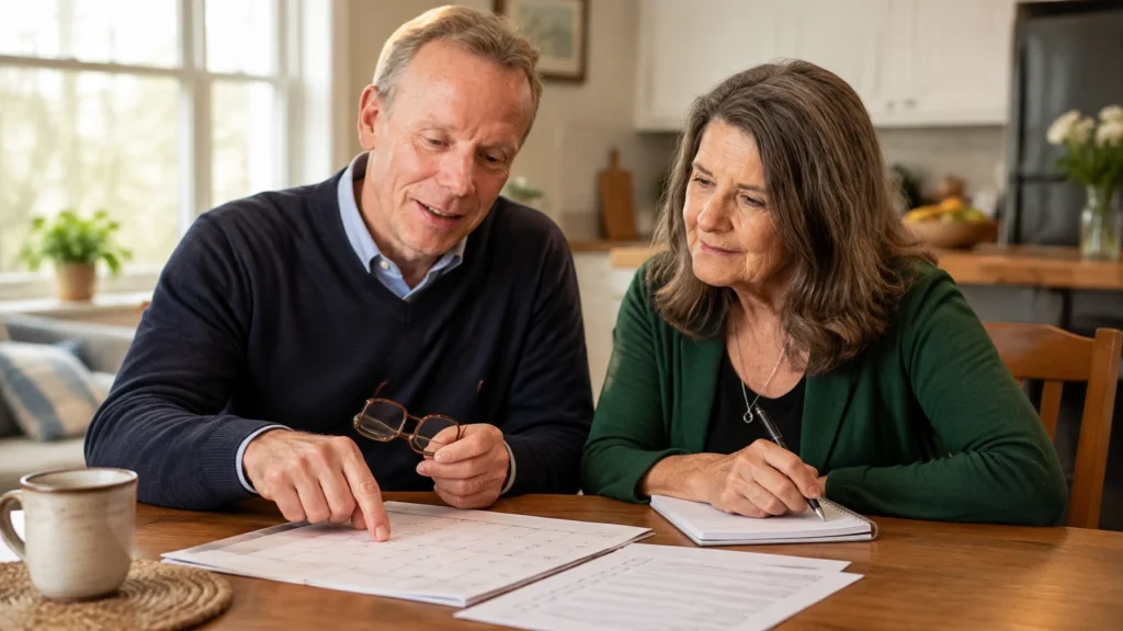 A couple reviewing their Medicare enrollment timeline together at home