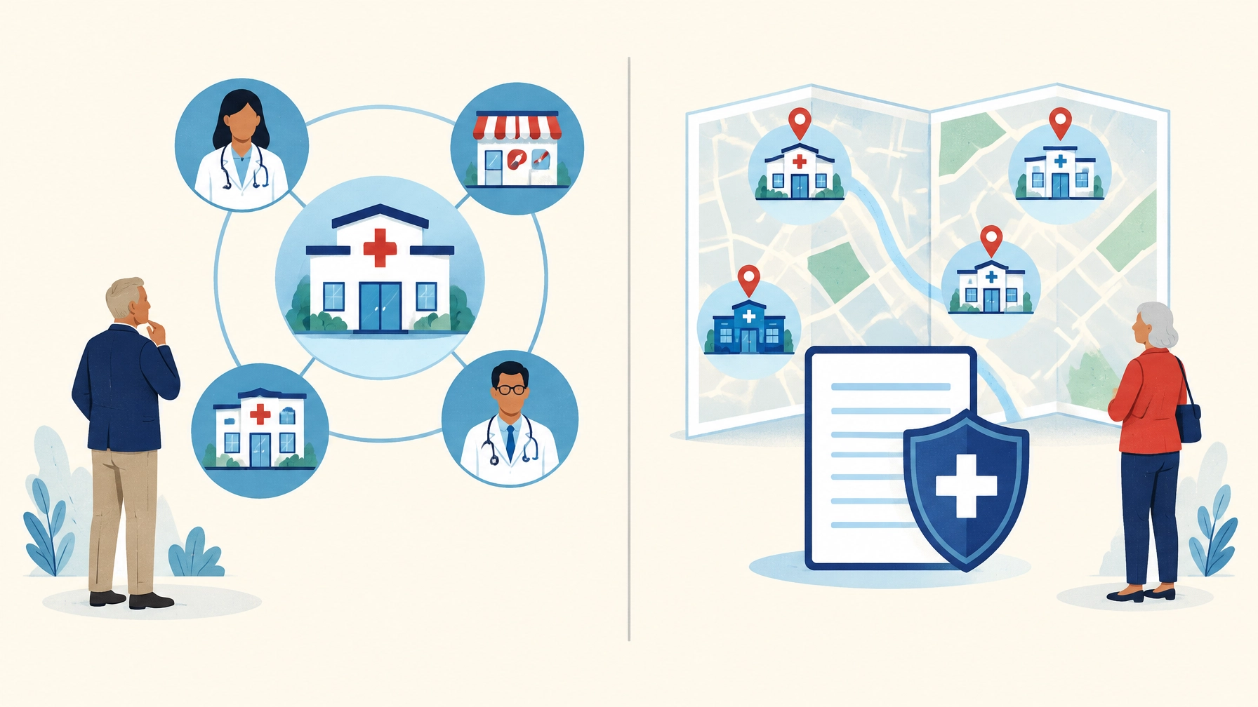 Illustration comparing Medicare Advantage plan networks with Original Medicare paired with a Medicare Supplement policy